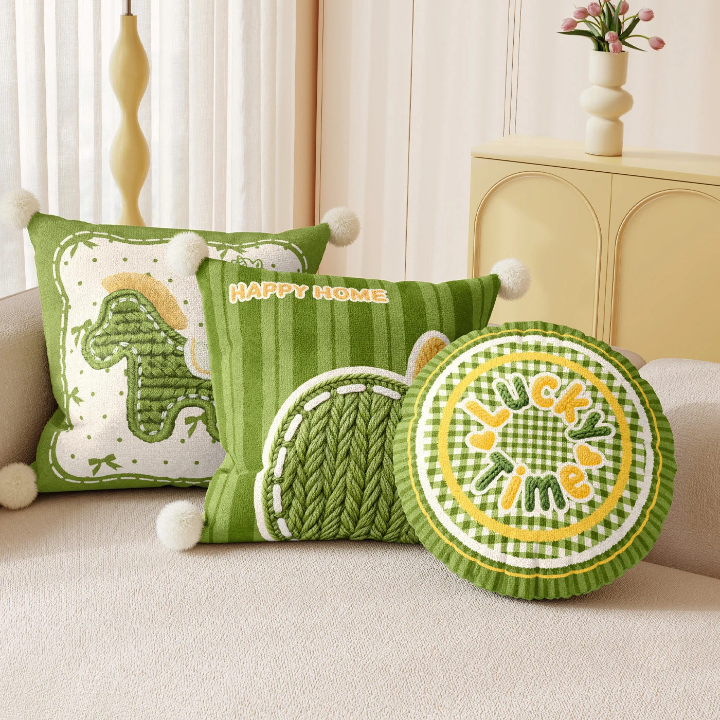 Green Floral Sofa Pillow Set